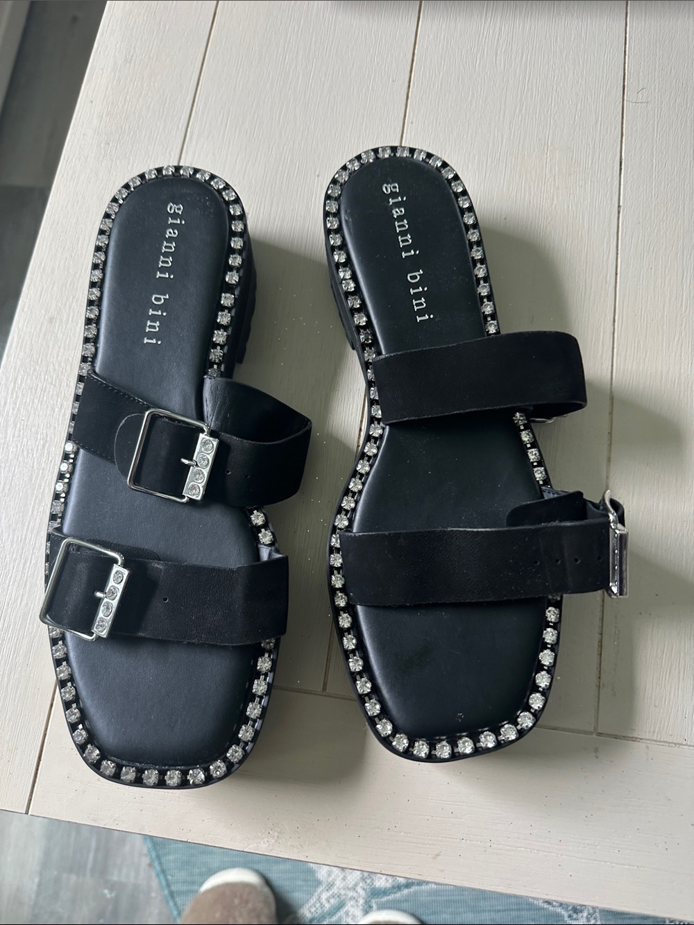 Gianni Bini Black Rhinestone-Trim Slide Sandals